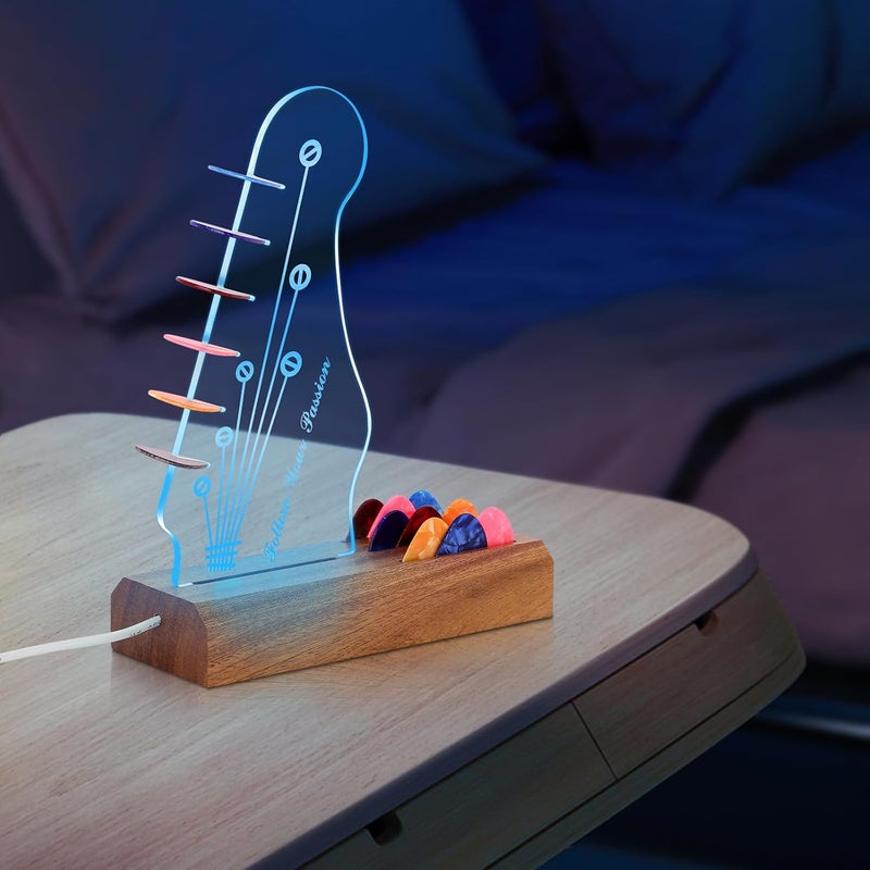 VGJ Light Up Guitar Pick Holder, Acrylic 3D LED Guitar Pick Lamp 7-Color Wooden Base Guitar Pick Storage Rack,For Picks Storage And Display,A Christmas Birthday Gift For Music Lovers And Guitarists - Image 3